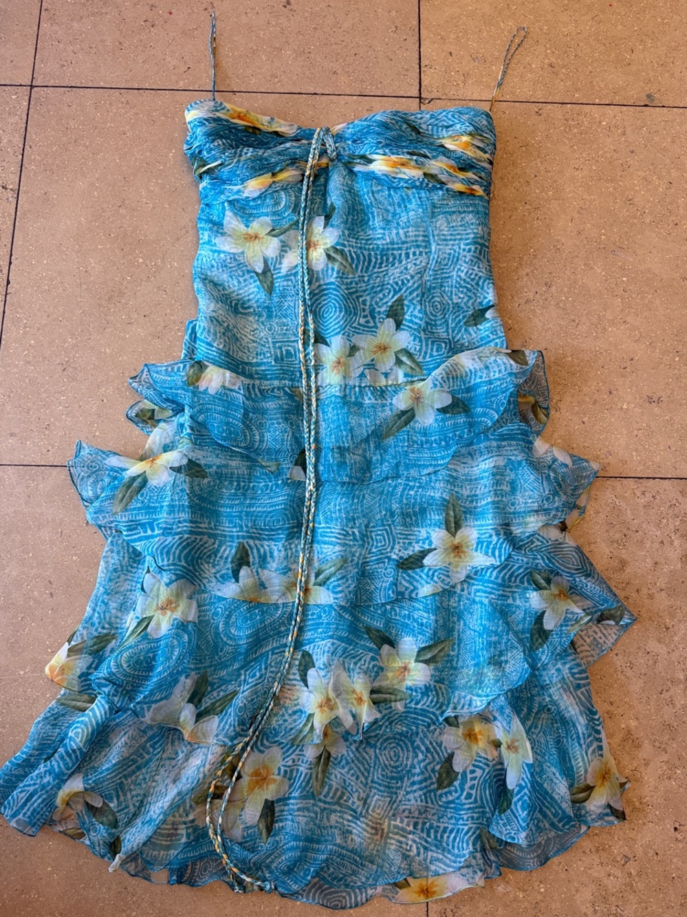 Oscar de la Renta Aqua Blue Floral Strapless Tiered Dress